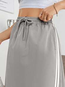 Falda  larga para mujer de color liso con resorte cómodo y cordones laterales para uso casual de moda - Gris - Ver 3