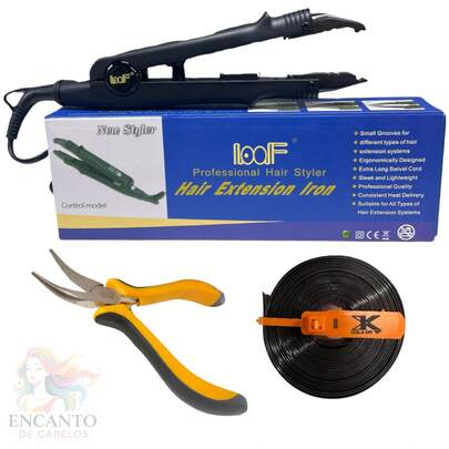 Kit Profissional Mega Hair – Prancha Loof + Alicate Curvo + Rolo de Cola Queratina K