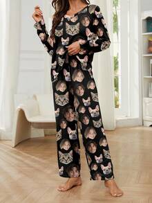 Printstory Customized Women's Pajama Set, Personalized With Pet, Character, Or Portrait Designs, Ideal For Holiday Or Bestie Gifts, Winter,New Year's Eve Outfit - Black - View 4