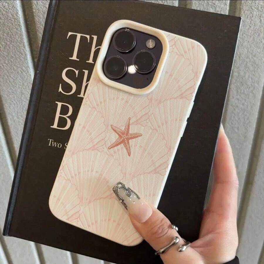1pc TPU Material Pink Elegant Starfish & Shell Pattern Full Screen Phone Case, Compatible With Iphone/ Phones - White - View 1