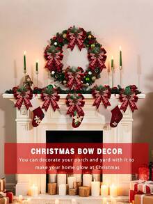 6 piezas Lazos de arpillera a cuadros de Navidad con piñas y agujas de pino, grandes lazos de decoración navideña a cuadros búfalo, lazo de corona de Navidad a cuadros búfalo para manualidades navideñas, decoración del hogar, fiesta, árbol, interior y exterior (rojo y negro)