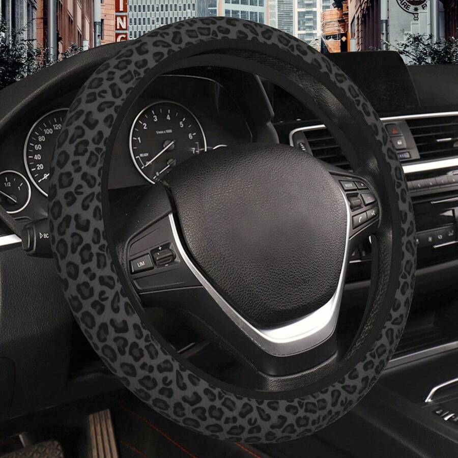 Black Leopard Print Cheetah Elastic Steering Wheel Cover, Non-Slip Breathable Neoprene Steering Wheel Covers, Women Leopard Car Accessories, Universal 15 Inch Fit Auto, Suvs, Truck - mặc định - Xem 1
