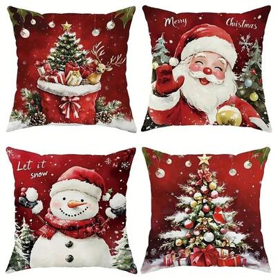 4pcs Christmas Pillow Covers, Cute Santa Claus & Snowman Design, Gift Box & Christmas Tree Pattern, Minimalist & Adorable Peach Velvet Single-Sided Printed Cushion Covers With Zipper Closure, No Pillow Insert Included, Suitable For Christmas & Winter Holiday Decor On Sofa, Bed, Chair, Bedroom, Living Room, Patio