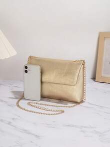New European And American Style Gold Chain Crossbody Bag, Fashionable Portable Storage Bag, Pleated PU Dinner Bag, Solid Color Flap Shoulder Bag, Flap Coin Mobile Phone Bag, Very Suitable For Women, Girls, Students, Back To School, Wedding Banquet, Festival, Wedding Party, Commuting, Shopping, Exquisite Matching. - Vàng - Xem 3