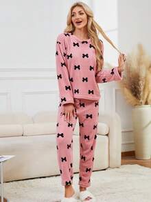 2pcs Women Fairy Style Sleepwear Set, Thermal Lined Long Sleeve Top And Pants, Elegant Bow Decor Homewear Outfit Suitable For Outerwear, Fall Winter Clothes, Fluffy Pajama, Cozy