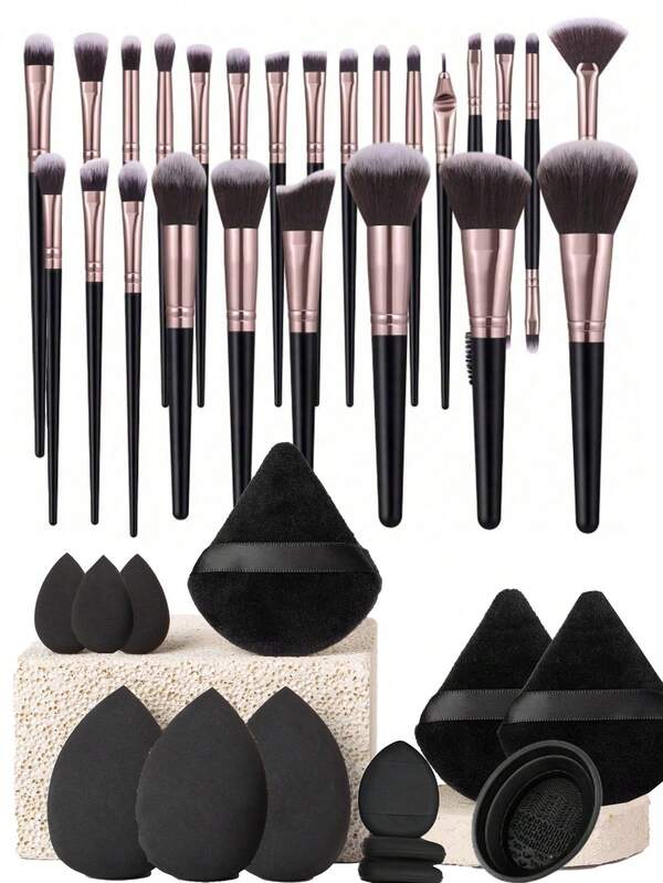 38PCS Makeup Tools Set Beauty Tools[25PCS Makeup Brush Sets+3PCS Makeup Sponges+3PCS Mini Makeup Sponges+3PCS Triangle Powder Puffs+3PCS Mini Air Cushion Powder Puffs+1pc Makeup Brush Cleaning Tools, Makeup Tools Complete]