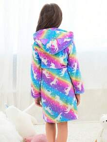 Tween 女童彩虹星空独角兽 3D 耳朵连帽毛绒浴袍家居服 - 彩色 - 查看 2
