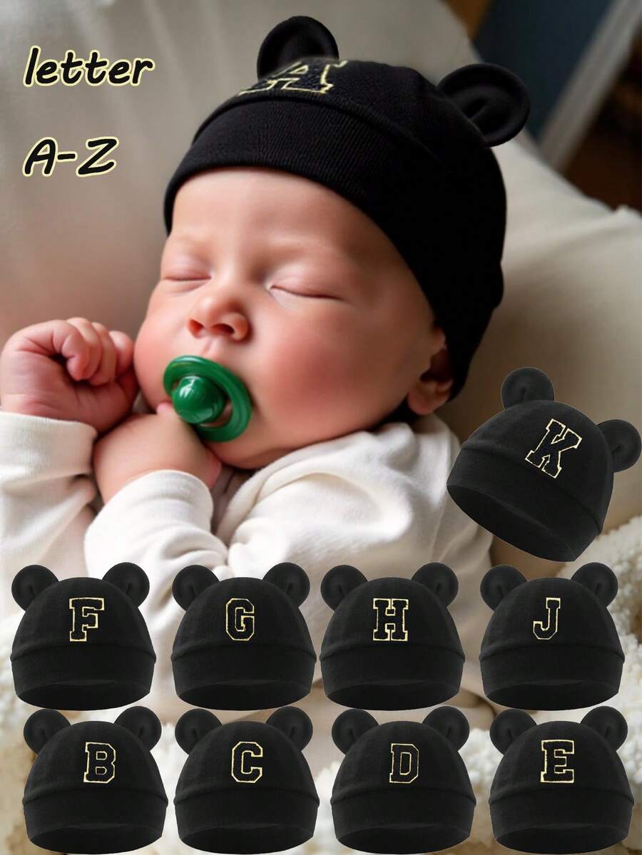 1 chiếc mũ cho bé sơ sinh in chữ cái A-Z, mũ len mềm mại màu trơn hình tai gấu hoạt hình, phụ kiện chụp ảnh cho bé trai và bé gái từ 0-3 tháng tuổi. - màu đen - Xem 1