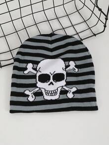 1pc Women's Jacquard Striped Skull Pattern Knit Beanie Hat, Warm & Casual For Halloween Party