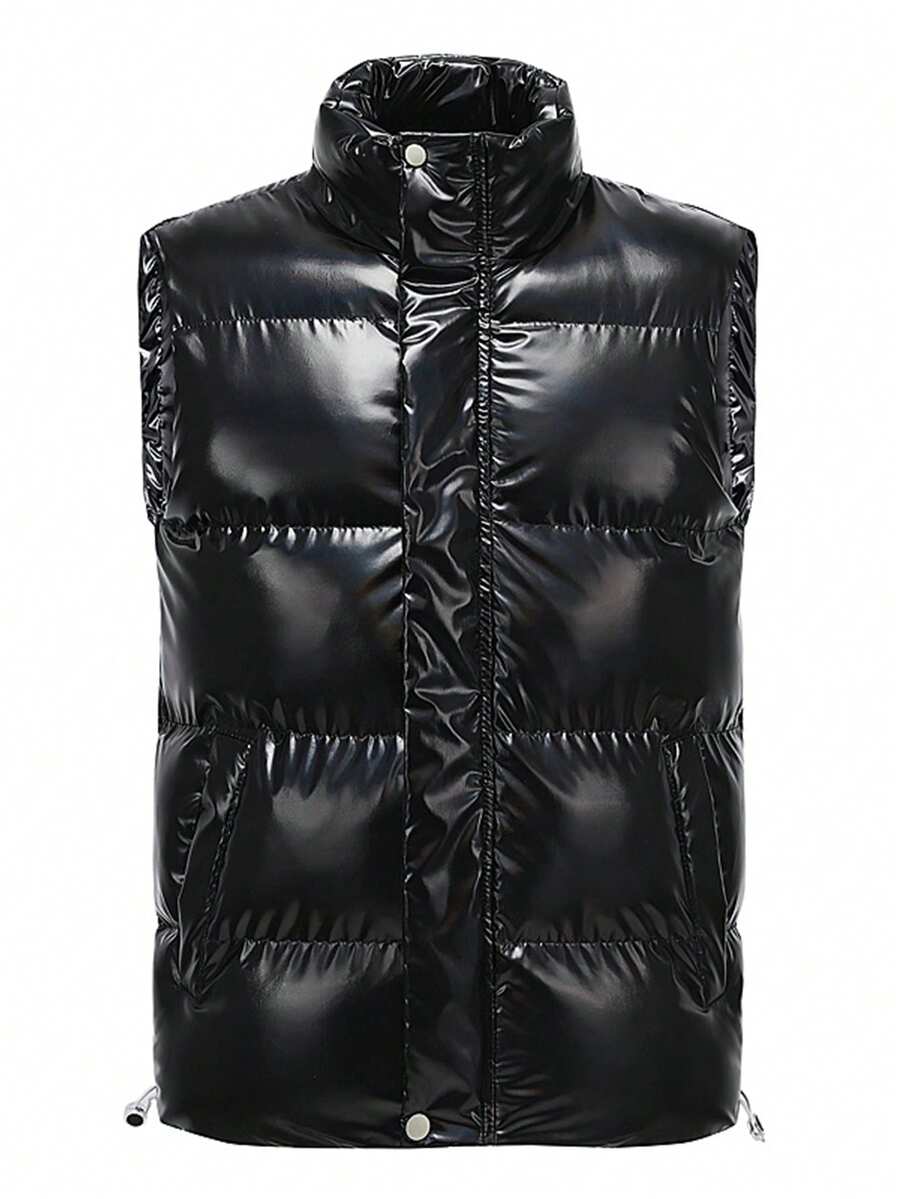 Vestă bărbătească, strălucitoare, îngroșată, căptușită, casual, toamnă/iarnă - Negru - Vizualizare 1