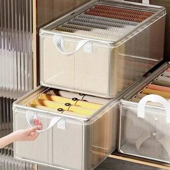 1个透明可堆叠储物盒，带手柄的大号储物箱，节省存储和整理空间，多功能储物盒，透明储物盒整理器，加厚储物盒，家庭，宿舍，卧室，壁橱储物盒。