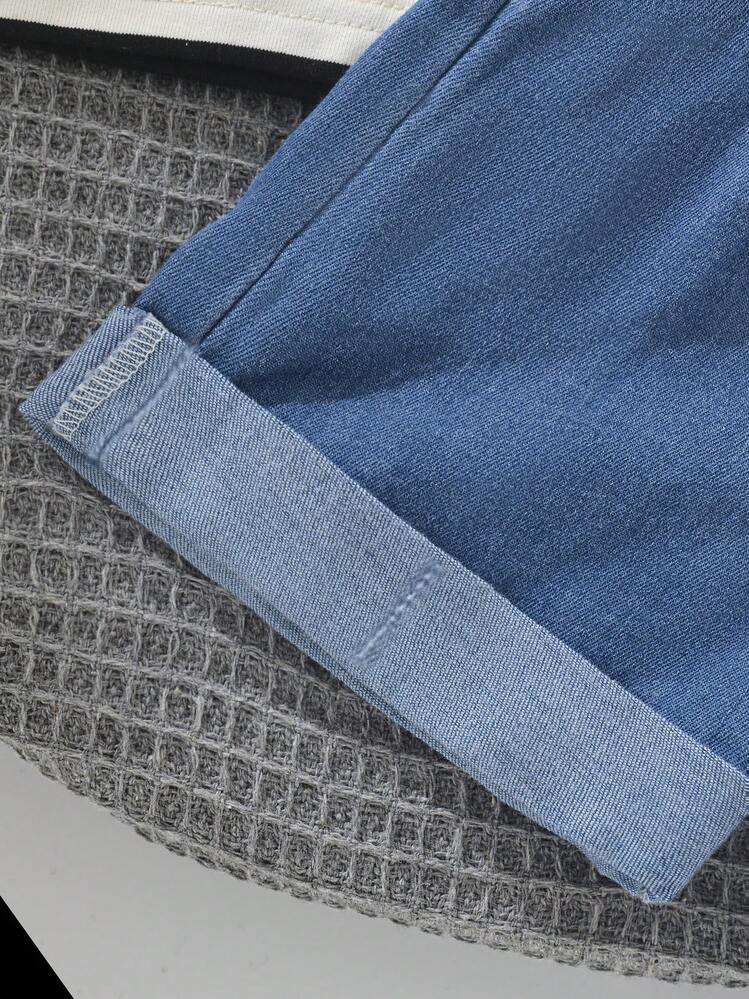 طقم قميص كريو رقبة مخطط وشورت جينز مبري للأطفال الصغار - أبيض - مشاهدة 8