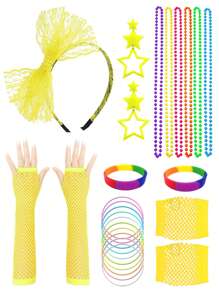 D EXCEED 4/5 pièces Ensemble d'accessoires rétro néon des années 80 pour femmes, collier de perles à tenue rétro, serre-tête à nœud en dentelle, gants résille, lunettes de soleil à stores vénitiens, boucles d'oreilles éclair, essentiels pour fête rétro Halloween