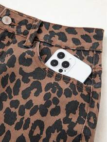 Leopard Print Frayed Side Slit Denim Midi Skirt - 棕色 - 查看 4