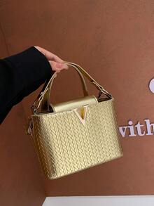 奢华女士手提包品牌包编织优质编织女式托特包2025新款小众时尚百搭单肩大容量时尚托特包新款大包INS搭配单品包复古休闲街头风小众托特包手提包简约明星同款亮面高端优质感斜挎包夏季斜挎托特包2025新款女士优雅包编织大容量妈妈包时尚质感个性女包枕头包 - 金色 - 查看 6