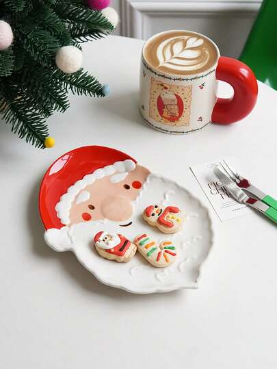 1 件圣诞圣诞老人陶瓷盘，可爱大胡子圣诞老人托盘，沙拉盘水果盘，适用于圣诞晚餐餐具，派对甜点蛋糕盘，姜饼饼干小吃盘。礼物