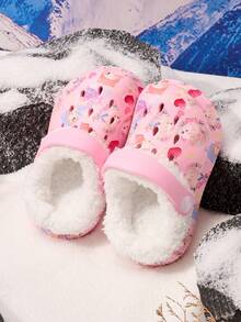 1 Pair Girls Cute Cat Design Thermal Lined Warm Comfortable Indoor Slip-On Shoes, Suitable For Winter - Pink - View 2
