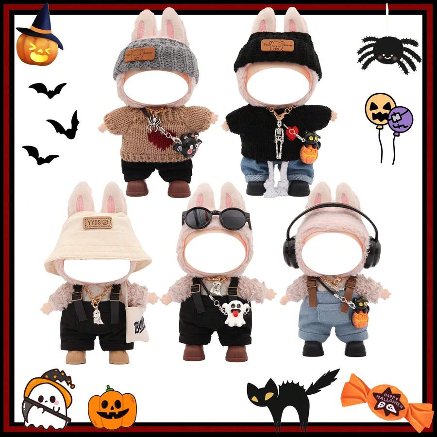 For LABUBU Halloween Costume, Headband, Bucket Hat, Sunglasses, Headphones, Suspender Pants, Jeans Set, Paired With Necklace, Bag And Shoes, Fashionable Accessories, Merchandise, Holiday & Birthday Gift (Excluding Plush Doll) - Multicolor - View 1