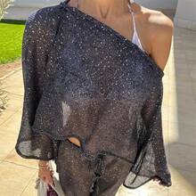 Women Sequin Shiny Glitter Knit Poncho Off Shoulder See-Through Crochet Cape Sheer Shrug Lightweight  Summer Holiday Beachwear Sheer Mesh Swimsuit Bikini Cover Ups Poncho Top Shawl - 黑色 - 查看 3
