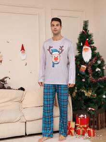 2pcs Men's Christmas Pajama Set, Cartoon Deer Pattern Comfortable Round Neck Long Sleeve Top And Loose Striped Pants - Multicolor - View 3