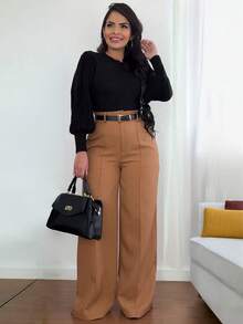 纯黑色高腰阔腿裤，一件装，优雅休闲，宽松版型，适合日常工作、约会等各种场合，四季皆宜，春季款 - 卡其色 - 查看 5