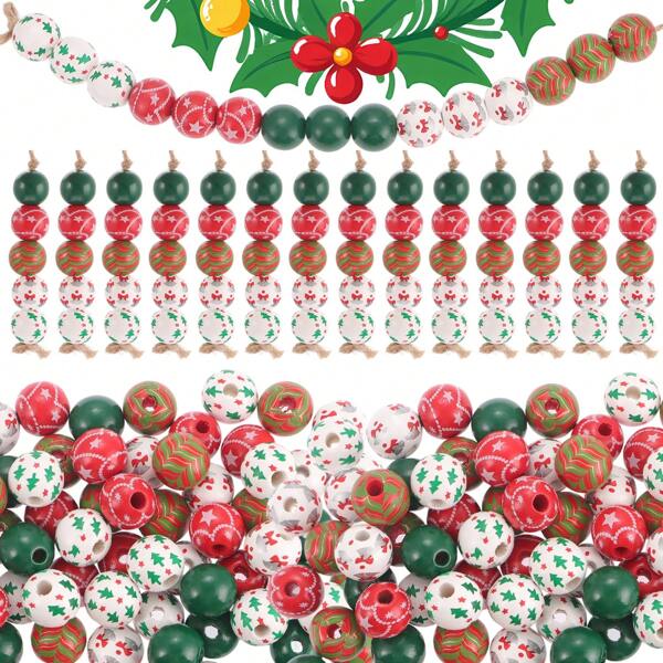 40/50/70pcs Christmas Wooden Beads For Crafts - Colorful Round Wood Beads (For Christmas Home Decor/Christmas Bracelet Making/Spacer Accessories) With Twine - Party DIY Decoration Materials