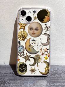 1pc Fashionable Personalized Face, Moon & Star Pattern Full Coverage TPU Phone Case Compatible With IPhone 16/16Pro/16Plus/15/15ProMax/15Pro/11/12/13/14ProMax/12Mini/13Mini/11Pro/11ProMax/12Pro/12ProMax/13Pro/13ProMax/14Pro/14ProMax, Soft Creative High-End Design - Multicolor - View 1