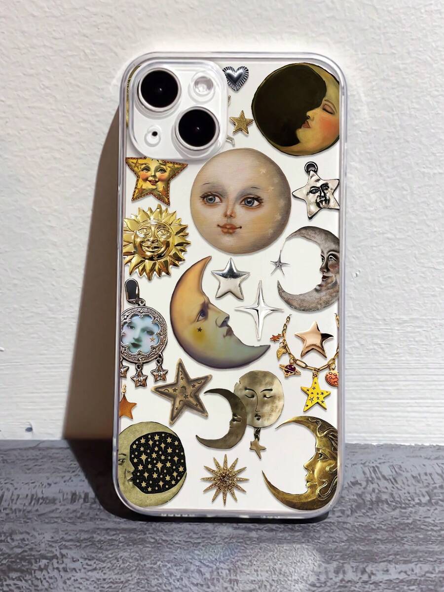 1pc Fashionable Personalized Face, Moon & Star Pattern Full Coverage TPU Phone Case Compatible With IPhone 16/16Pro/16Plus/15/15ProMax/15Pro/11/12/13/14ProMax/12Mini/13Mini/11Pro/11ProMax/12Pro/12ProMax/13Pro/13ProMax/14Pro/14ProMax, Soft Creative High-End Design - Multicolor - View 1