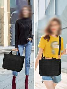新款女士手提包，大容量多口袋妈咪包，休闲单肩斜挎手提包，时尚百搭帆布包，时尚质感户外尿布包，撞色手提包套装 - 黑色 - 查看 5