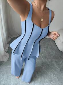 Conjunto de pantalón y camiseta de mujer de unicolor y elegante - Azul cielo - Ver 5
