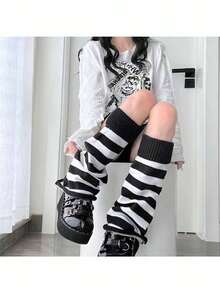 1 Pair Women's Halloween Striped Contrast Color Leg Warmers, Reversible Gothic Style Skull Design Leg Sleeves, Versatile Costume Leg Warmers Winter Women