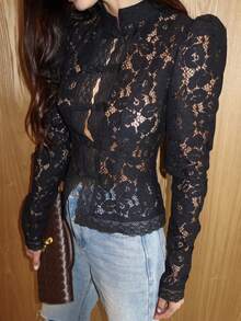 Women Lace Shirt, Long Sleeve Shirt Button-Down Slim Fit Elegant Fall Sheer Tops Clubwear - màu đen - Xem 2