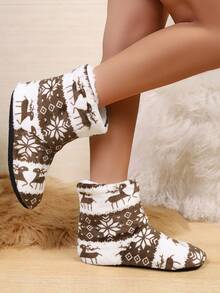 女士平底室内毛绒鹿图案拖鞋，静音鞋底圣诞主题家居拖鞋，适合秋冬季 - 棕色 - 查看 5