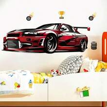 Red Sports Car Cartoon Wall Sticker, Suitable For Hotel, Homestay, Office, Bedroom, Living Room Wall Decor, Self-Adhesive And Removable - Multicolor - View 3