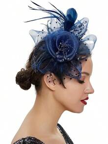 Ibeauti Fascinator Hats With Screentouch Lace Gloves Set Women Tea Party Cocktail Wedding Derby Headwear Short Gloves - 02 海軍藍 - 查看 3