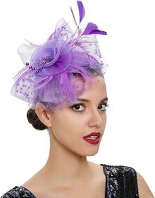 Ibeauti Fascinator Hats With Screentouch Lace Gloves Set Women Tea Party Cocktail Wedding Derby Headwear Short Gloves - 02 紫色 - 查看 2