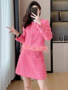RUIWY 2 件套女士时尚经典格子优雅粉色夹克和迷你裙套装，秋季 - 粉色 - 查看 7