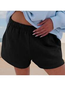 Women's Drawstring Sweat Shorts High Waisted Summer Workout Lounge Shorts With Pockets Lastic Low Rise SweatShorts For Women Casual Loose Solid Color Lounge Shorts Y2k Athletic Summer Shorts - 黑色 - 查看 3
