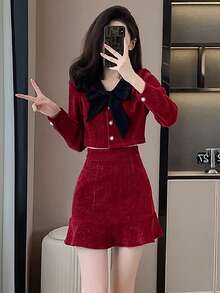 RUIWY 女士时尚淑女蝴蝶结领长袖夹克和迷你裙两件套服装，红色，节日派对 - 紅色 - 查看 3