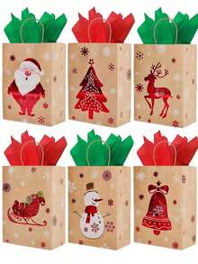 12Pcs Christmas Gift Bags With Handles,Reusable Christmas Gift Bags,Santa Claus Snowman Bells Christmas Tree Pattern Kraft Paper Bags,Party Favor Bags
