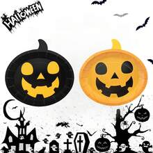 Halloween Kürbis Pappteller für Tischpartys und Feiern, 26cm/10,3 Zoll Einweg Kürbis-förmige orange/schwarze dekorative Geschirr Dessert- und Dinnerplatten für Familienfeiern, Geburtstagsfeste, Hochzeiten, Picknicks, BBQ