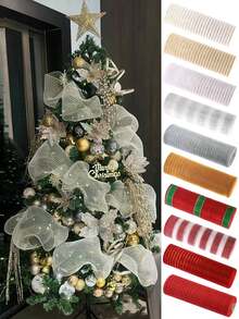 1Roll 10 Yards Christmas Mesh Ribbon For Wreaths, Christmas Tree Toppers, Beige White Gold Glitter Foil Decorative Mesh Rolls For DIY Wreath Bow Ribbon Christmas Tree Decor Seasonal Craft&Home Decor Christmas Decorations 2025 Room Decor Winter Christmas Decorations Home Christmas Gifts Christmas Decor