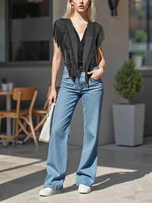 Women Tassel Vest Y2K Sleeveless Fringe Wide Eyes Suede Collar Shawl Open Front Boho Western Jacket Cardigan - 黑色 - 查看 8