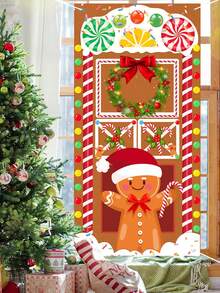 1pc 90*180cm Festive Gingerbread Man Door Banner,Christmas Decoration Front Door Cover,Christmas Party Background Decoration,Home Decor,Perfect For Home Entrance,Holiday Parties & Photography Backdrop, Polyester, Indoor&Outdoor Use,Merry Christmas,Christmas Decoration,Xmas Decor,Christmas Decoration