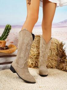 Women's Western Boots, Faux Suede Classic Embroidered Wide Calf Boots, Slip-On Pointed Toe Chunky Heel Fashionable Retro Mid-Calf Boots, Suitable For Girls And Women In Autumn/Winter,Cowboy Boots - Khaki - View 6