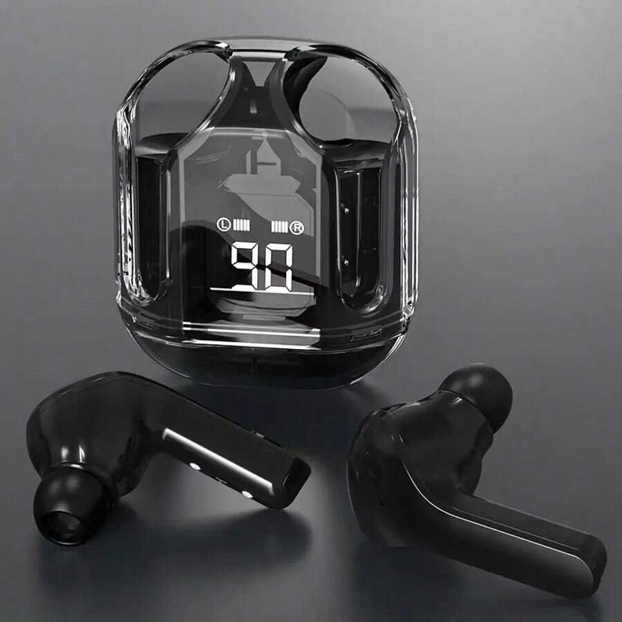 Auriculares inalámbricos TWS cabina espacial - sonido cristalino, diseño transparente con pantalla digital LED, espera ultra larga, control de volumen táctil, micrófono de condensador y batería de polímero de litio recargable para música y llamadas con manos libres, conectividad inalámbrica de moda transparente, compatible universalmente con todos los teléfonos inteligentes, disfruta de un sonido nítido y distinto con estilo - Negro - Ver 1