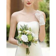 Local Shipping 2025 New  Short Lace Mesh Gloves Tulle Border With Pearls Wedding Opera Tea Party Gloves For Women Formal - 象牙-5 - 查看 3