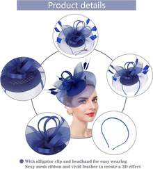 Ibeauti Fascinator Hats With Screentouch Lace Gloves Set Women Tea Party Cocktail Wedding Derby Headwear Short Gloves - 07 Blue - 查看 5
