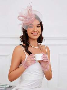 Ibeauti Fascinator Hats With Screentouch Lace Gloves Set Women Tea Party Cocktail Wedding Derby Headwear Short Gloves - 07 Nude Pink - 查看 3