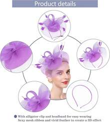 Ibeauti Fascinator Hats With Screentouch Lace Gloves Set Women Tea Party Cocktail Wedding Derby Headwear Short Gloves - 07紫色 - 查看 5